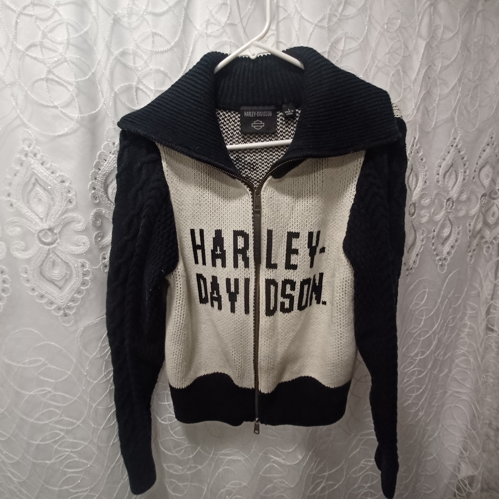 Harley-Davidson Black and Cream Zip-Front Knit Cardigan